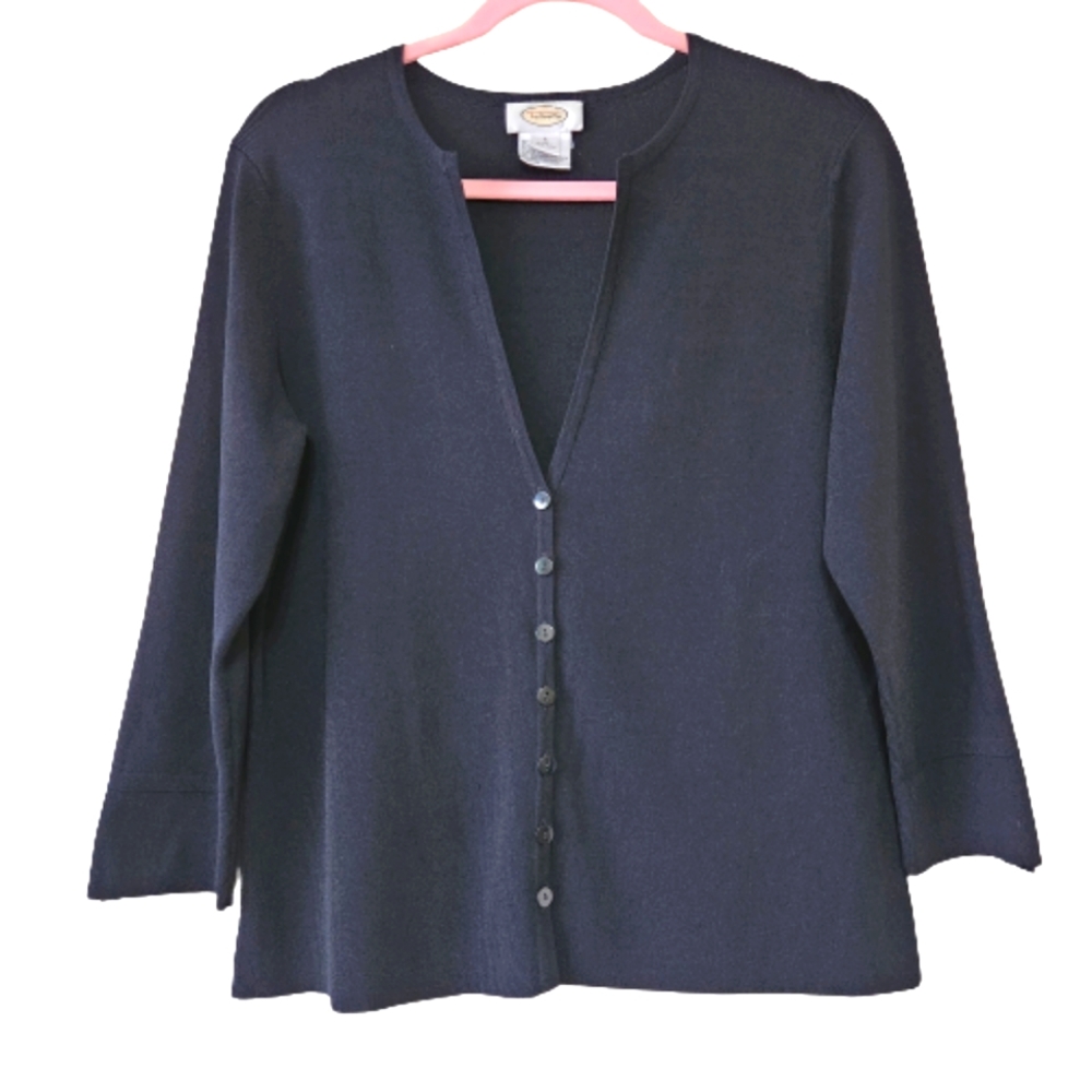 TALBOTS Black Button Front Deep V-Neck 3/4 Sleeve Cardigan Large #0233